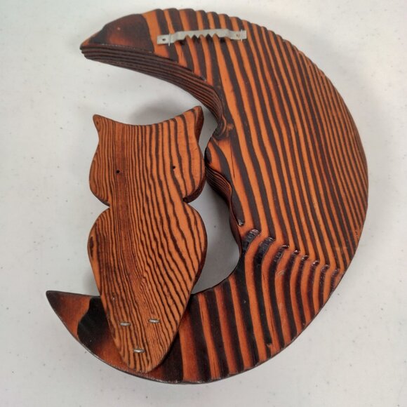Anthropomorphic Crescent Moon And Owl Wall Hanging Carved Wood Wooden Vintage - Picture 10 of 12